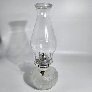 Frosted Glass Lamplight Farms Oil Lamp Embossed Floral Details Clear Chimney VTG